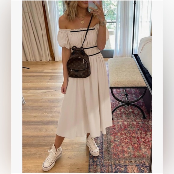 NWT BEIGE BOHO OFF/ON SHOULDER MIDI DRESS-S - Picture 9 of 15